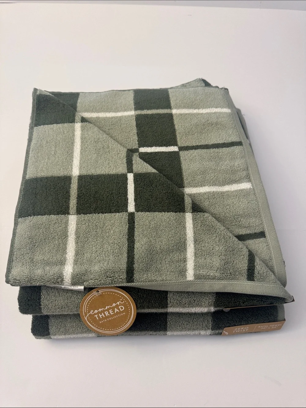 2pc COMMON THREAD 100% Zero Twist Cotton Checkered Bath Towel Set -Thyme/Dese